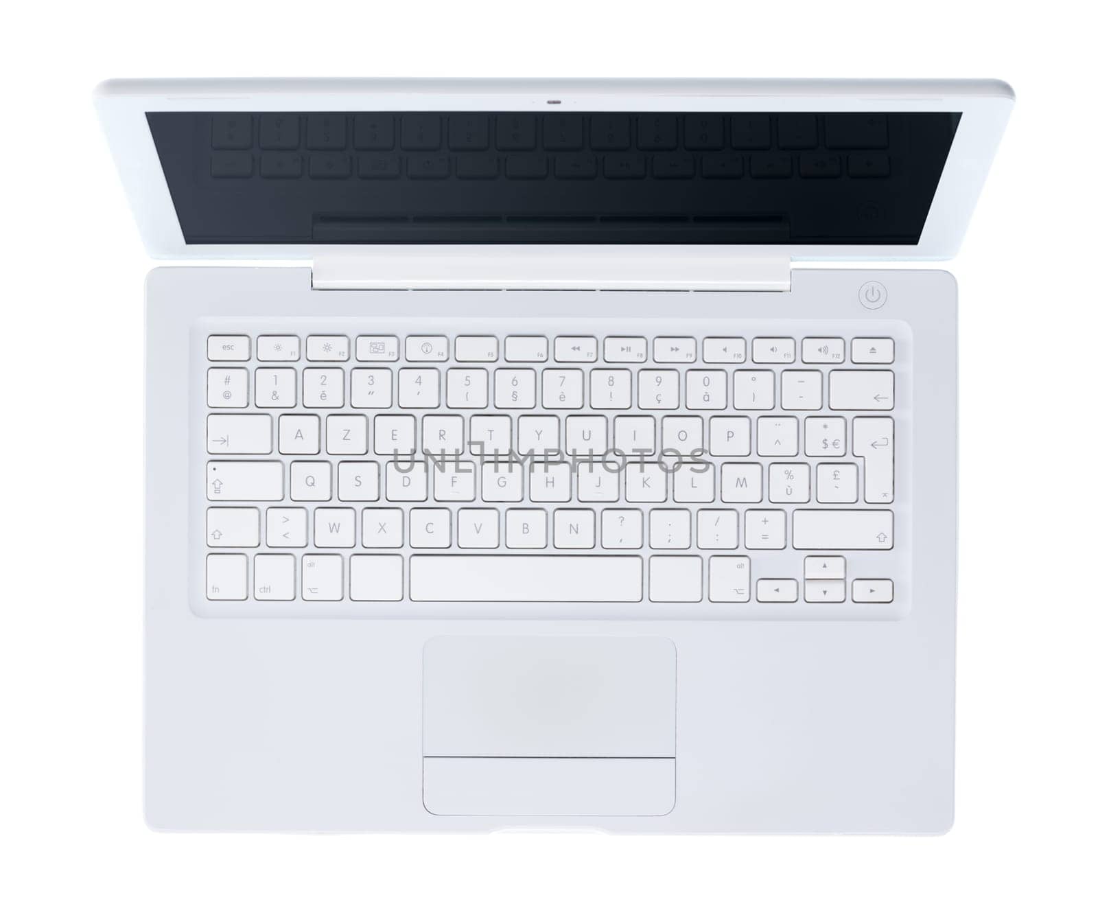 Modern white laptop isolated on white background, top view