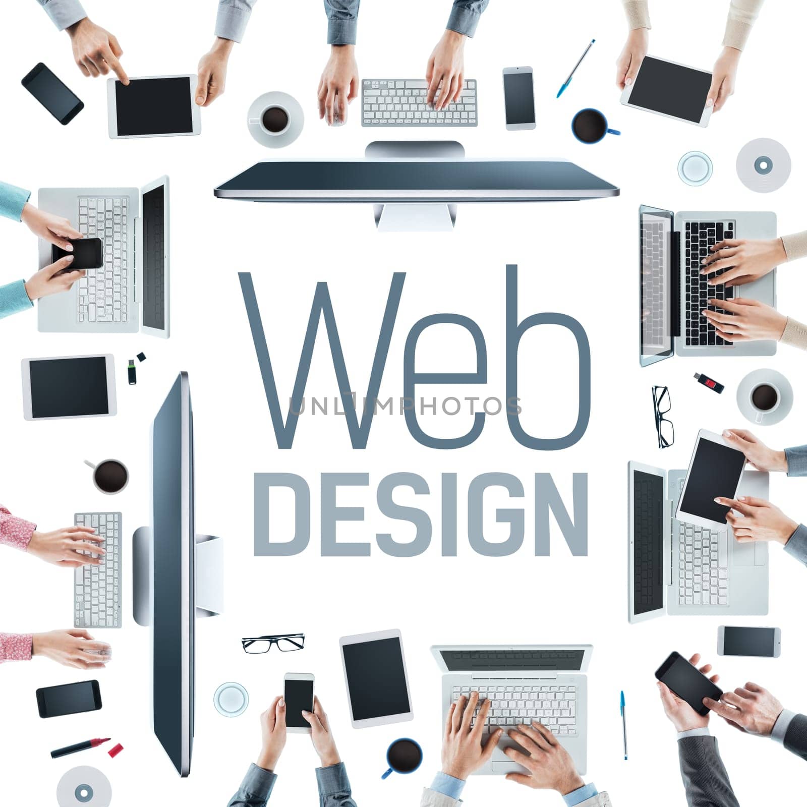 Web designers and developers team working at office desk, text at center, creativity and teamwork concept