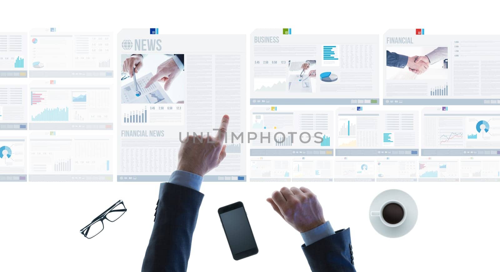 Professional businessman pointing at financial reports and scrolling news slides on a touch screen light desk, hands close up