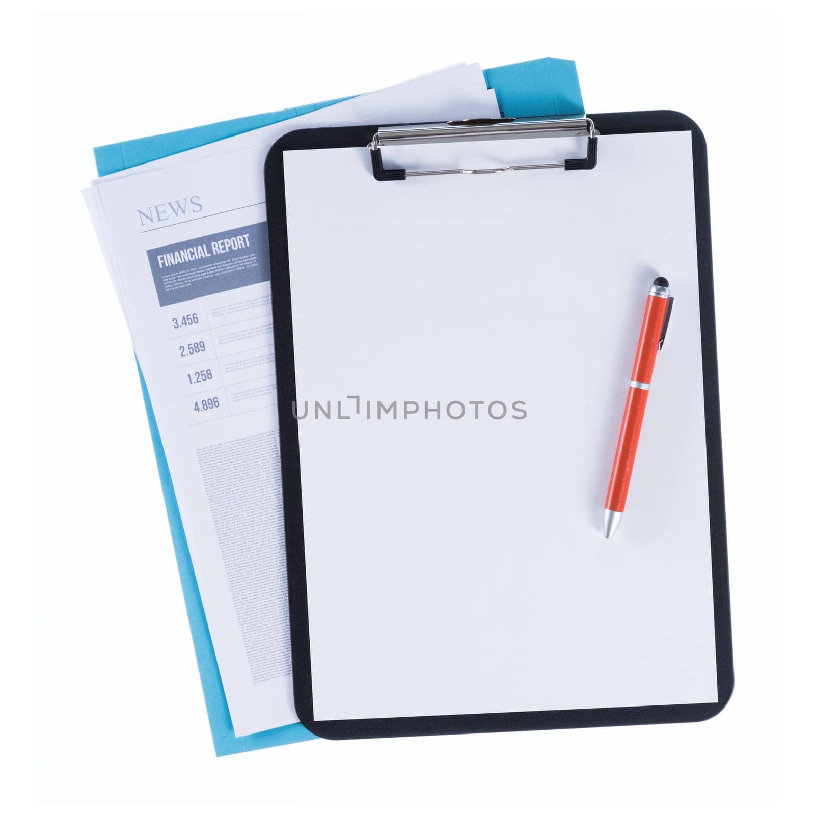 Clipboard with pen and blank sheet over a file and a financial report on white background, finance and accounting concept