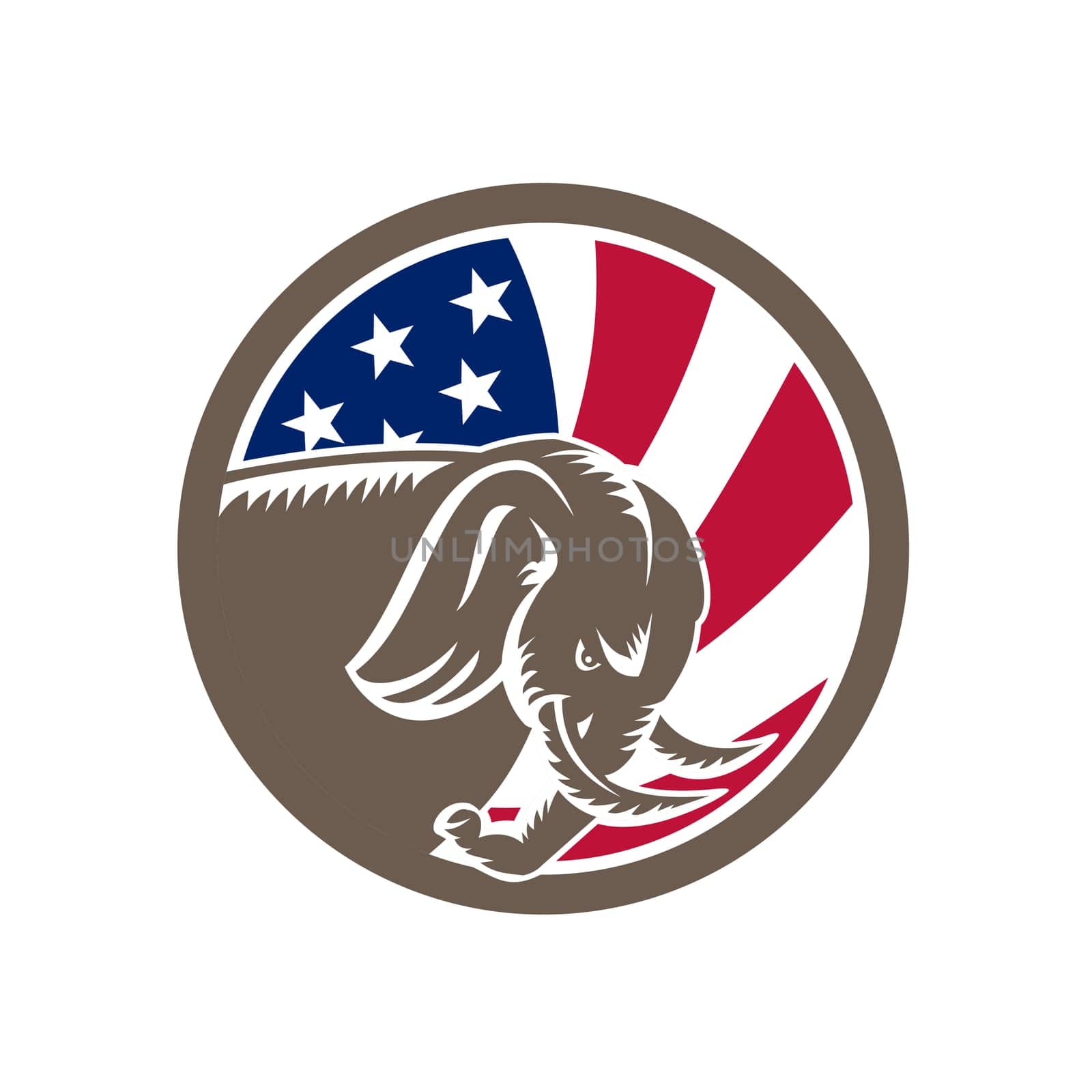 Mascot icon illustration of a Republican Elephant charging viewed from side with American USA stars and stripes star spangled banner flag on isolated background in retro style.