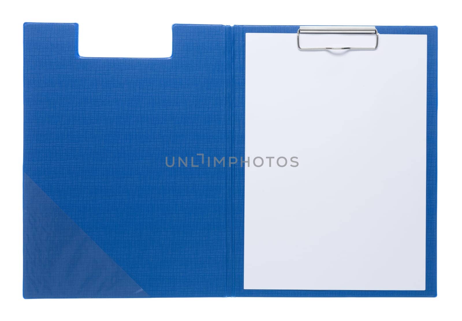 Blue clipboard with blank white sheet attached on white background