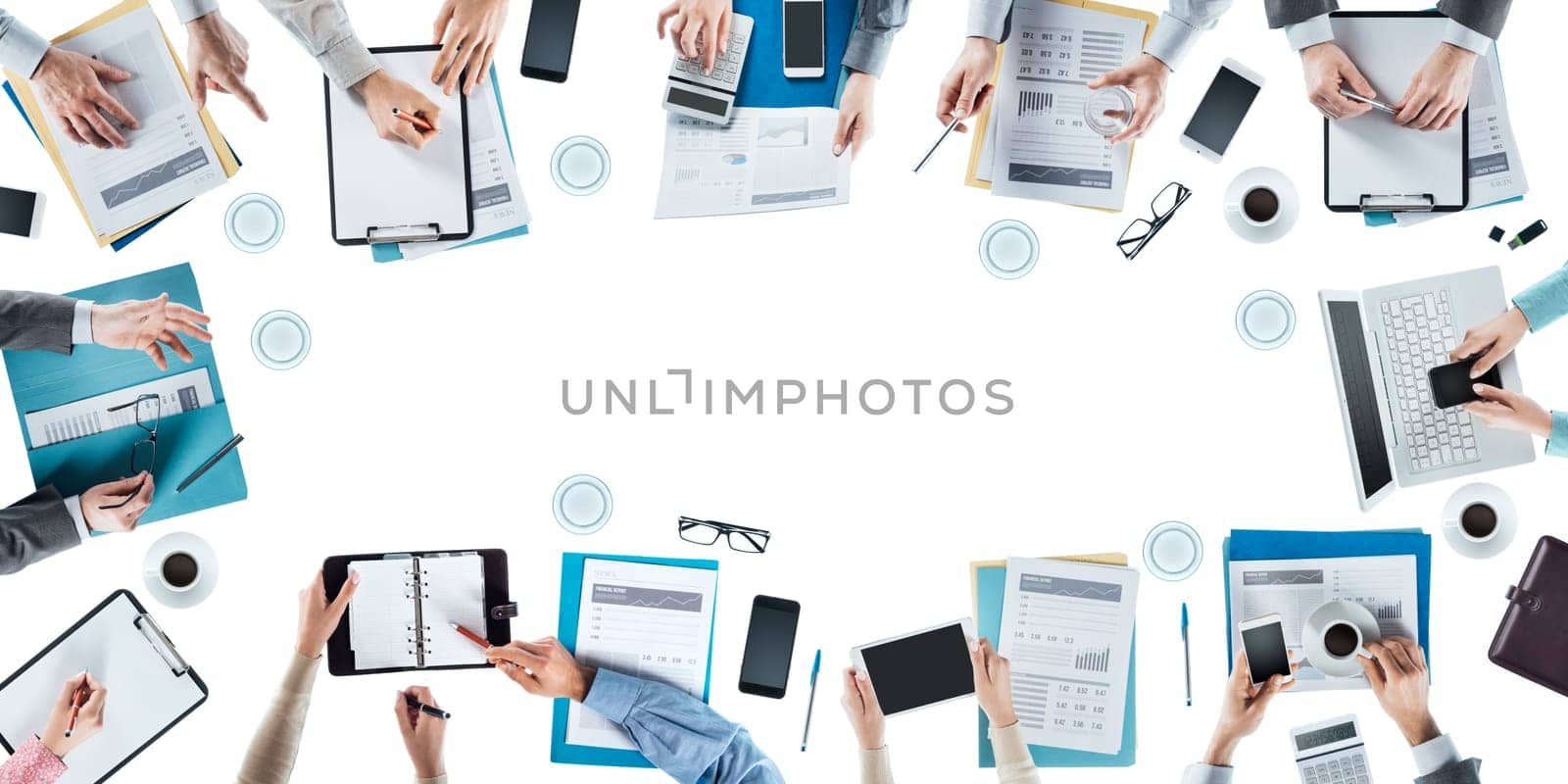 Business team meeting and working at office desk, hands top view, unrecognizable people, blank copy space