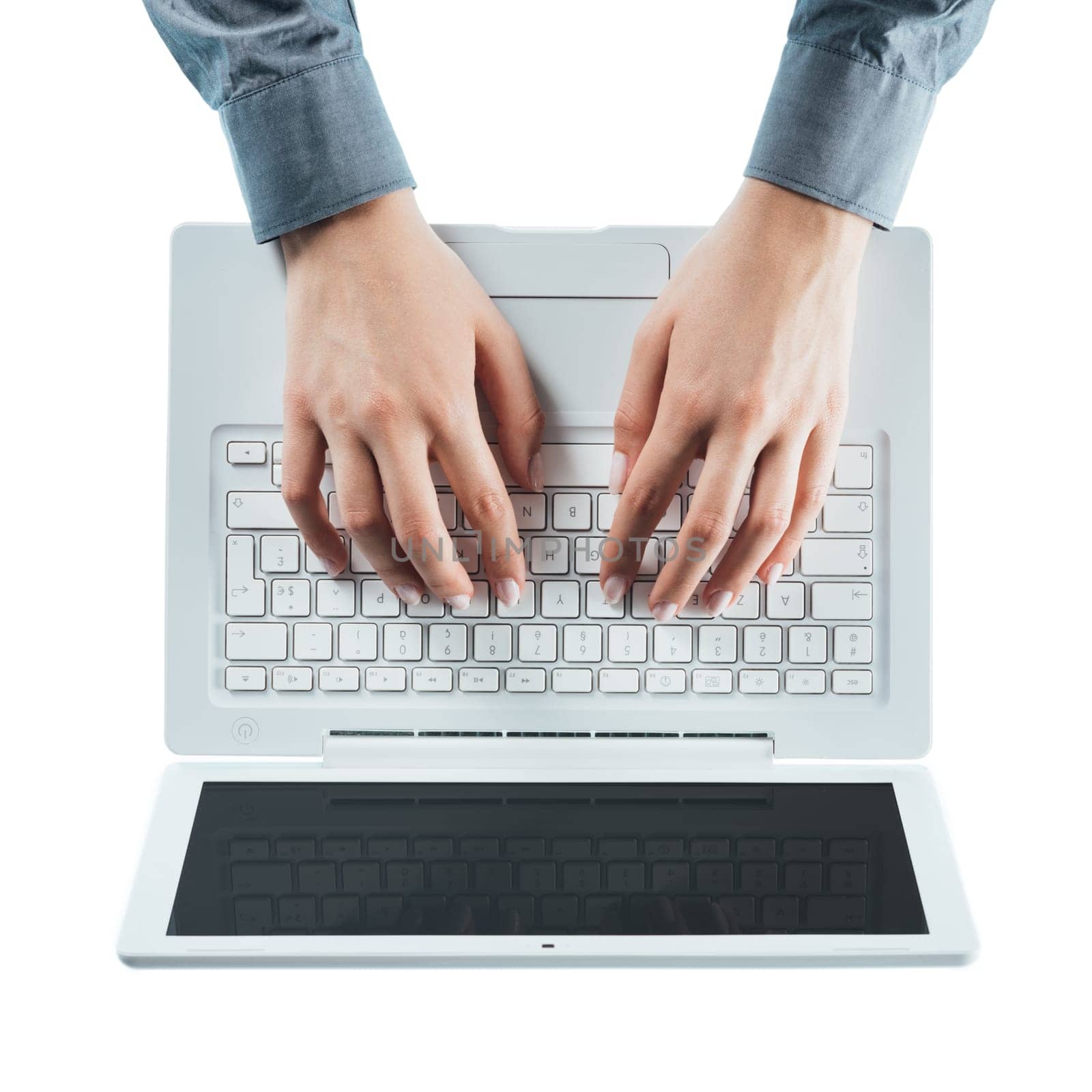 Business woman typing on a laptop keyboard on white background, top view, hands close up