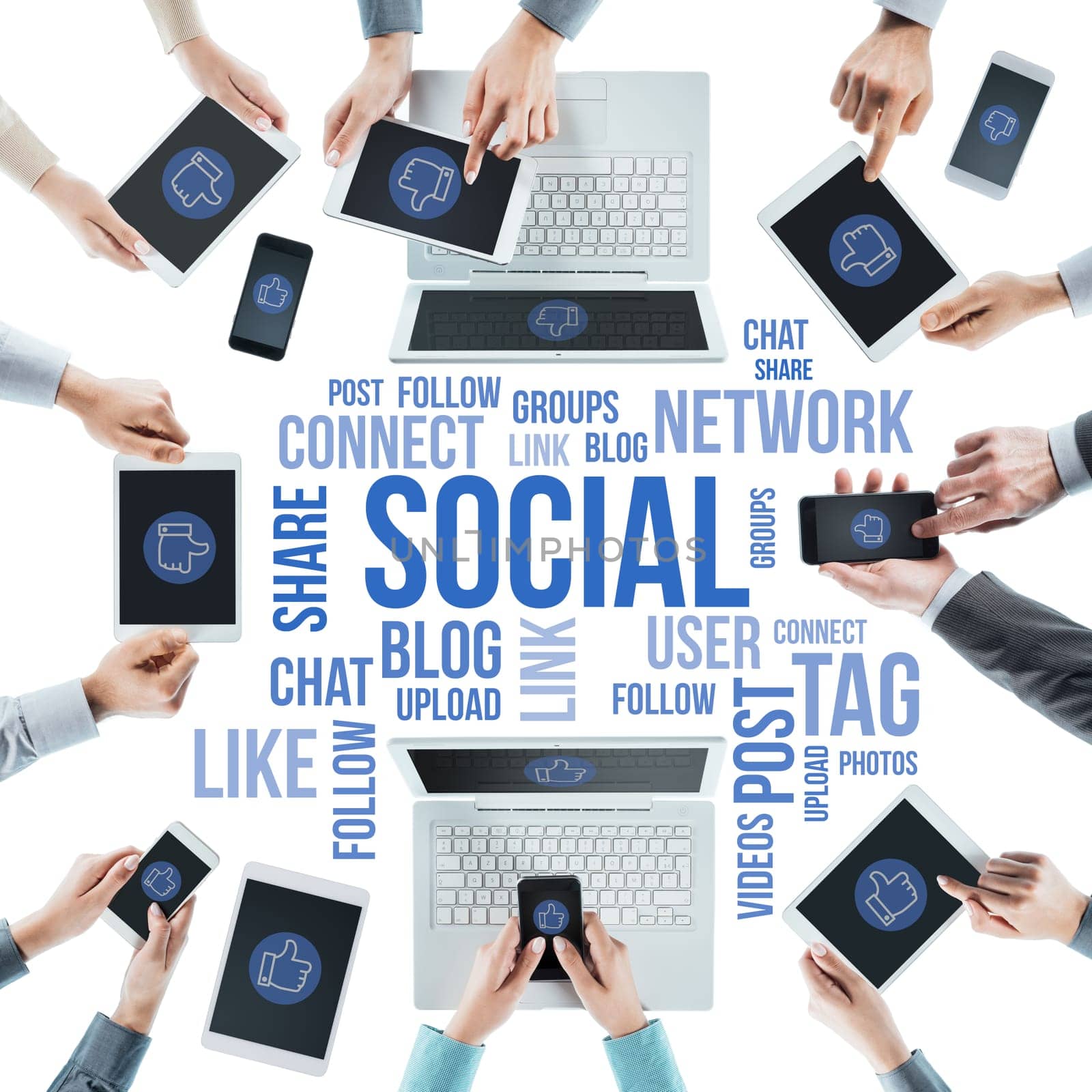 Business people social networking, using computers, touch screen tablets and smartphones, text concepts at center