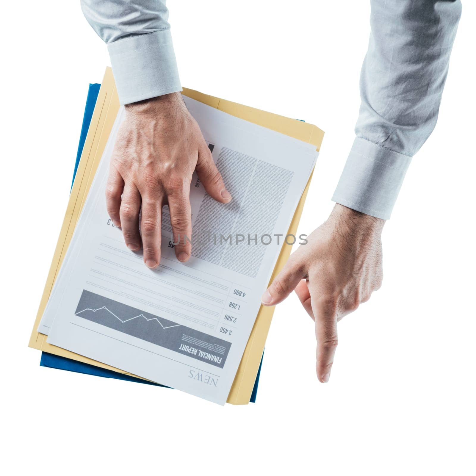 Businessman holding a financial report and pointing on white background, hands close up, top view