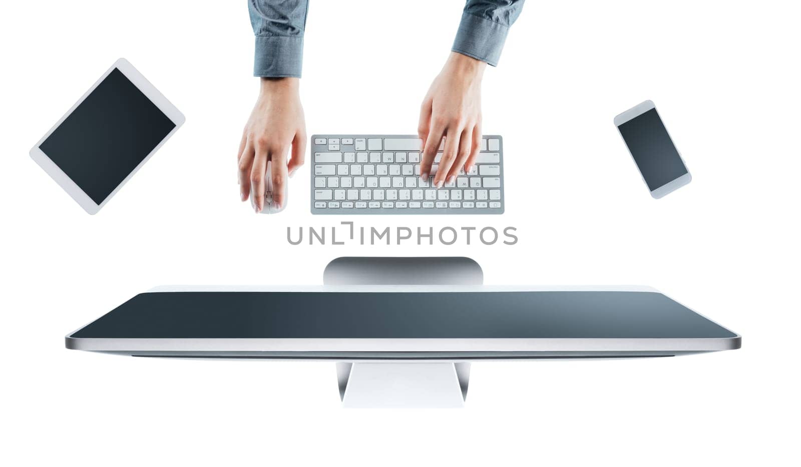 Business woman working at office desk and typing on a keyboard, white background, hands top view
