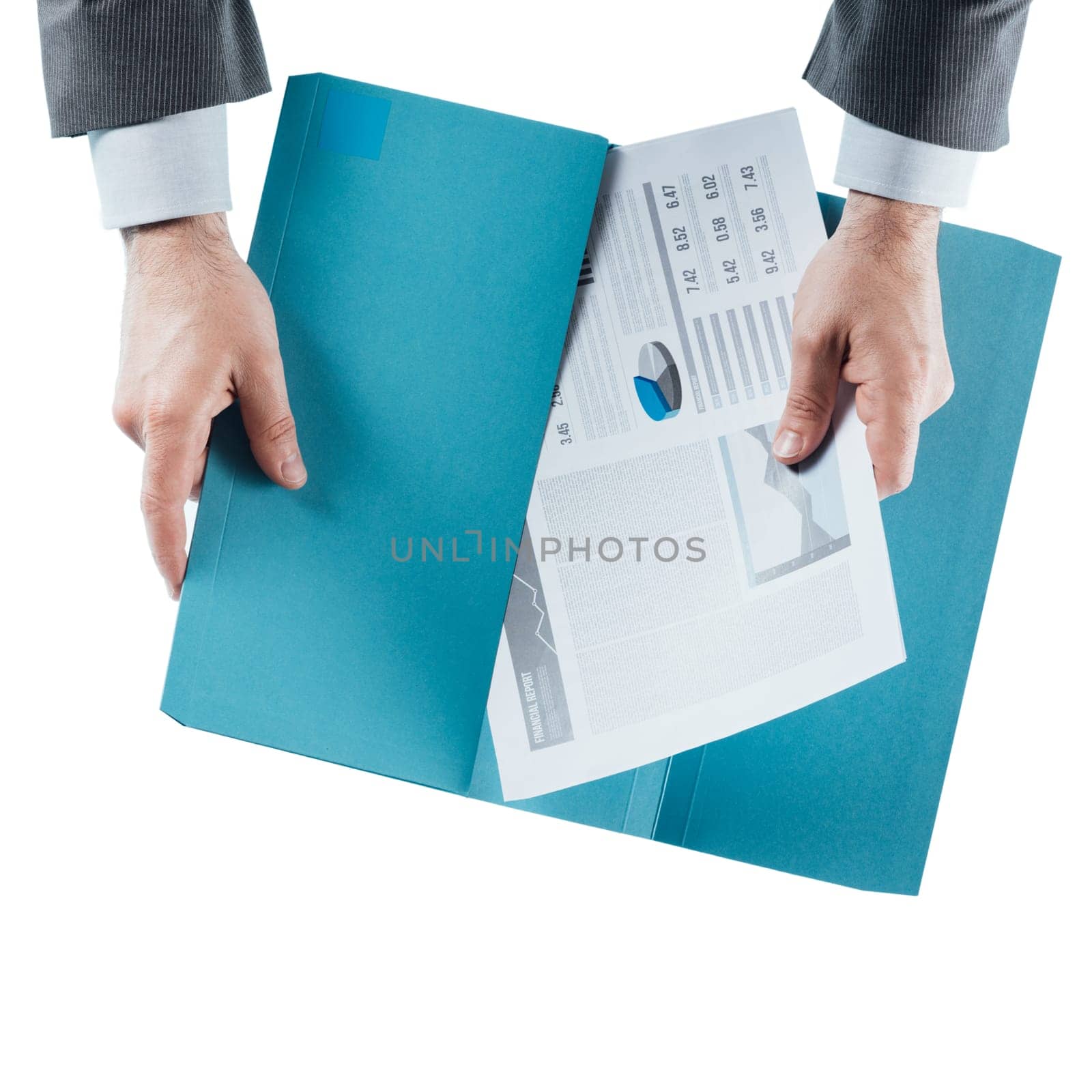 Businessman holding a financial report in a folder, hands close up, top view