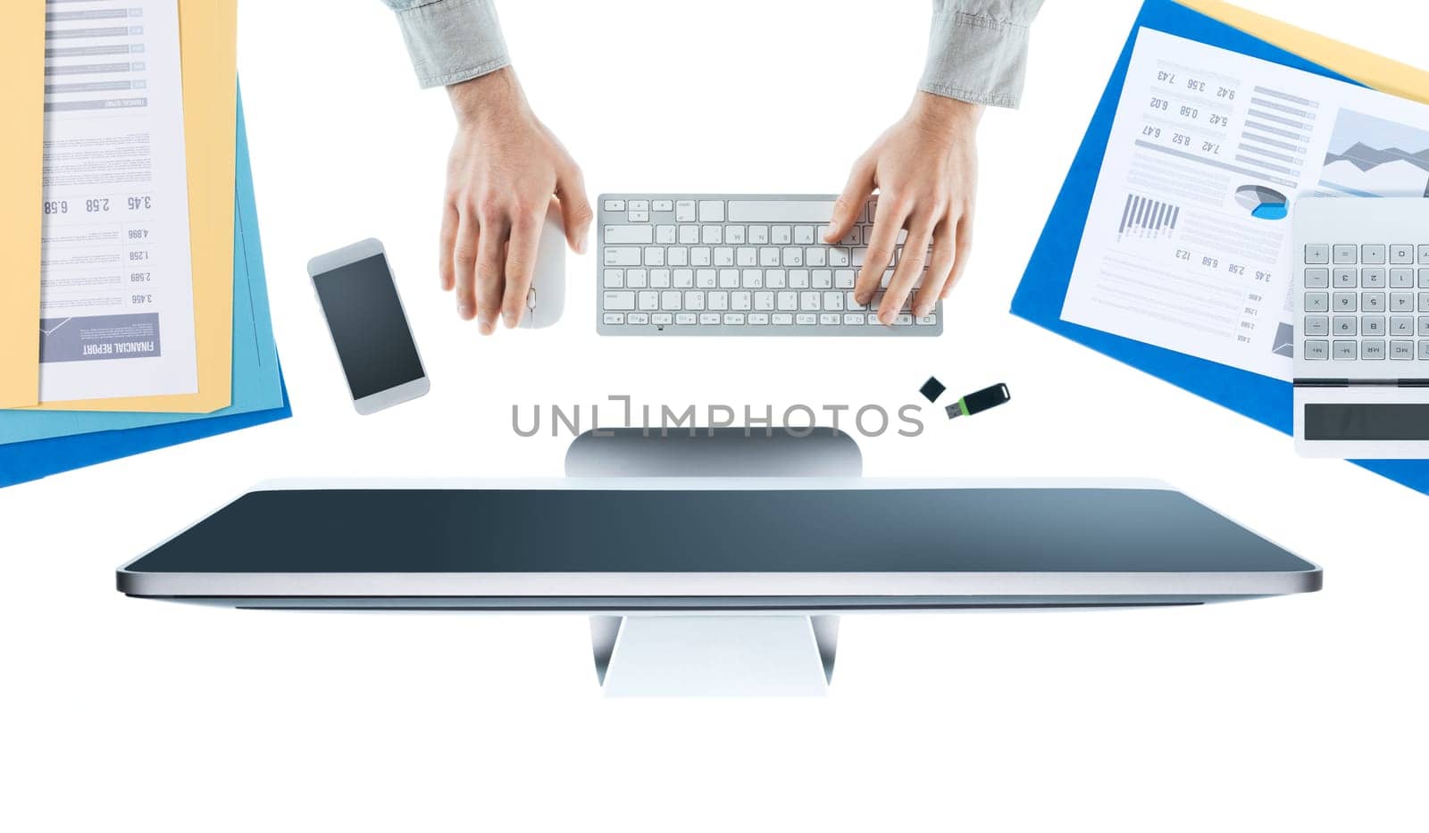Businessman working at office desk and using a computer, hands top view, white background