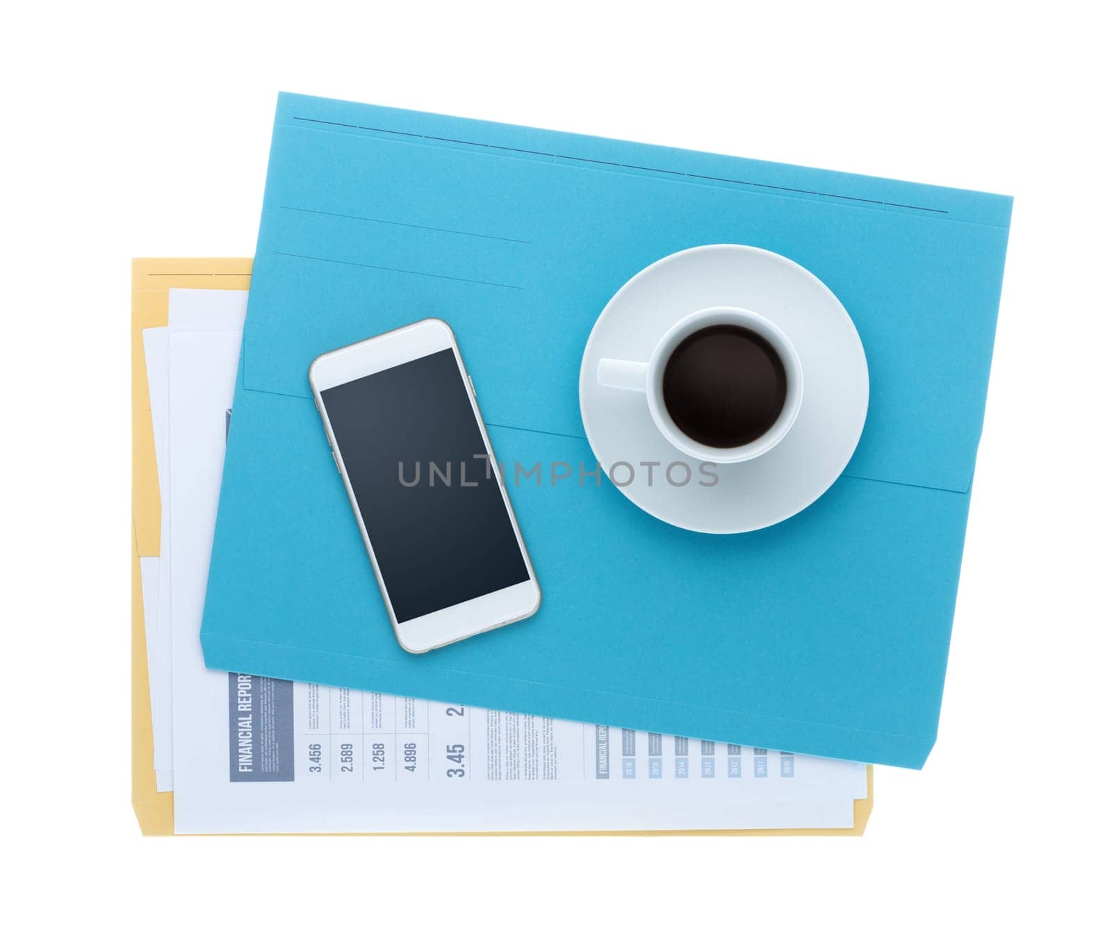 Smart phone, files, financial reports and coffee on white background, top view