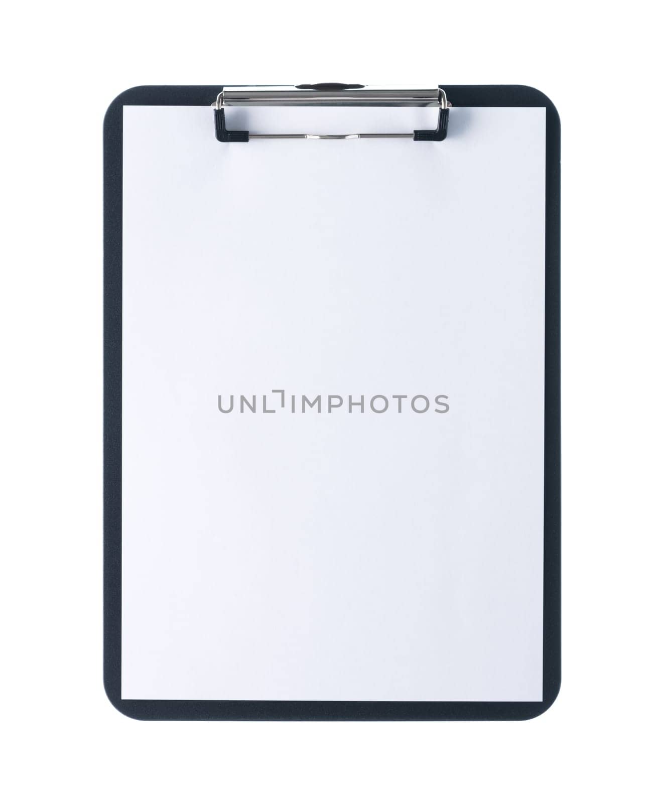Black clipboard with blank white sheet attached on white background