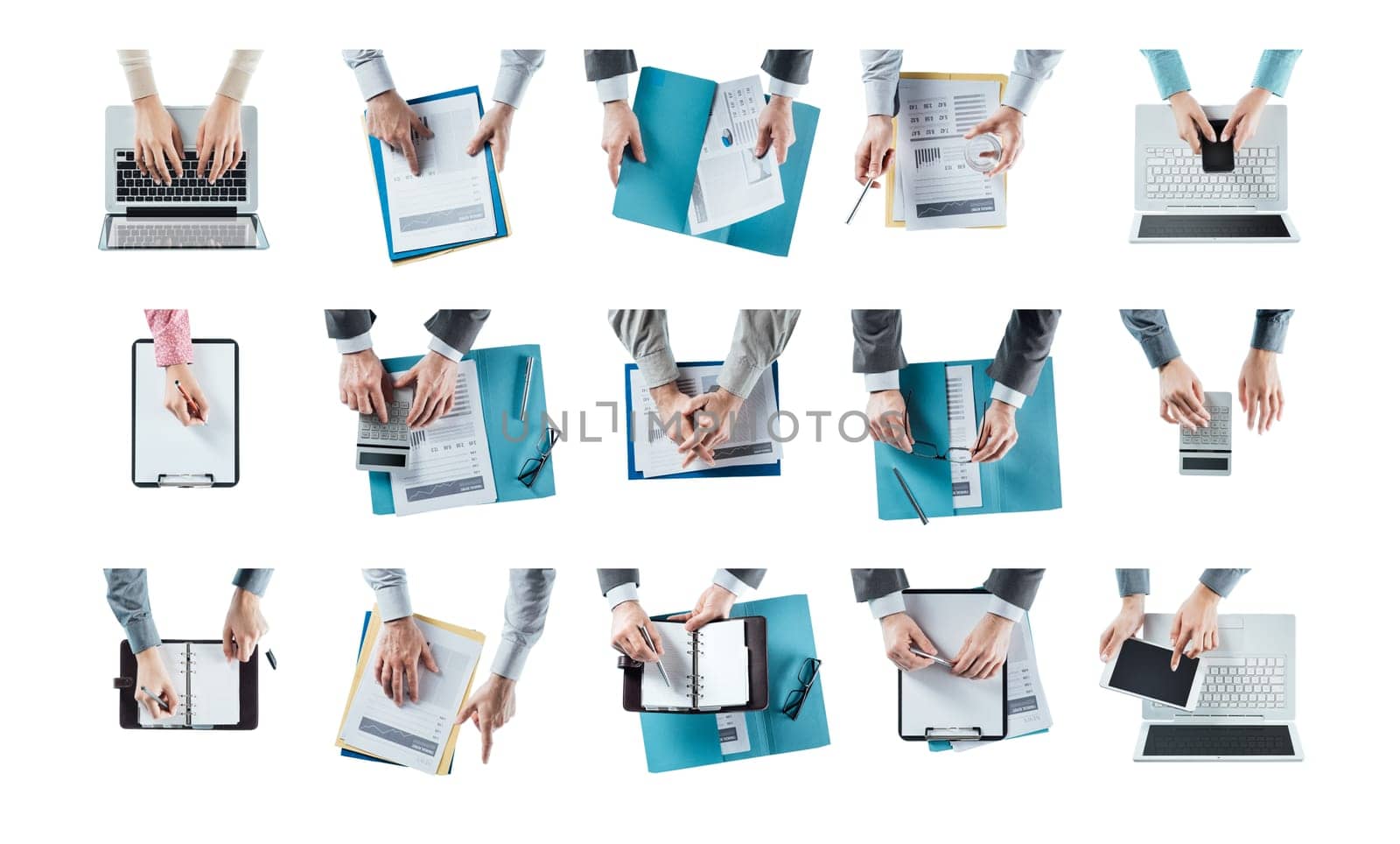 Business man hands at work set on white background, multitasking concept