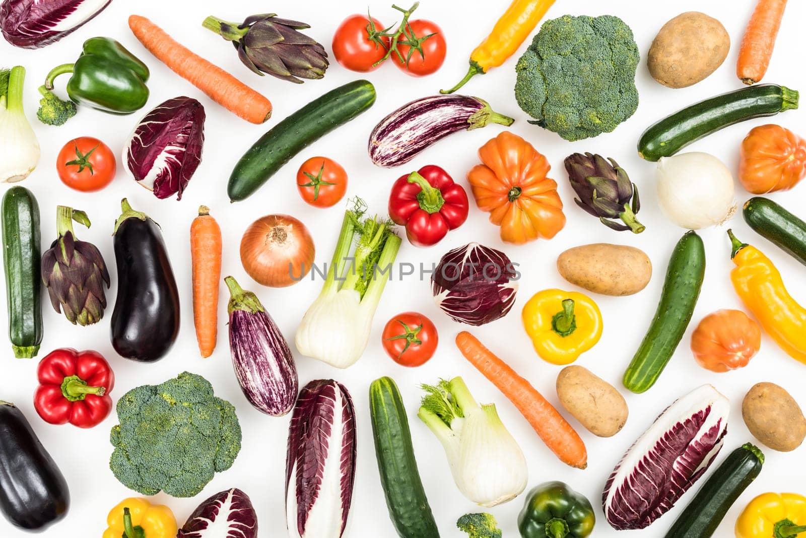 Assortment of fresh tasty vegetables on white background, healthy food concept
