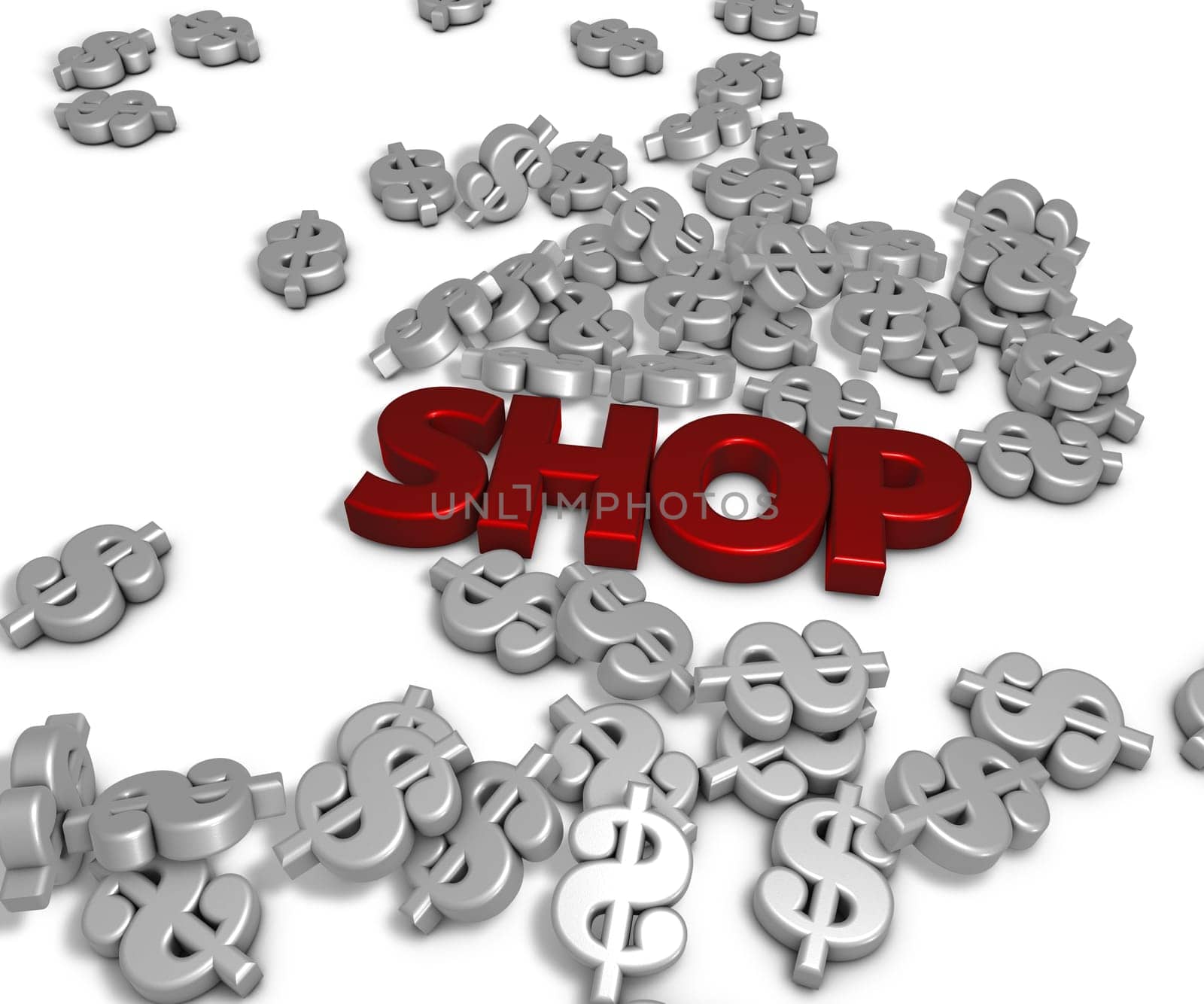 the word shop and many dollar signs - 3d rendering