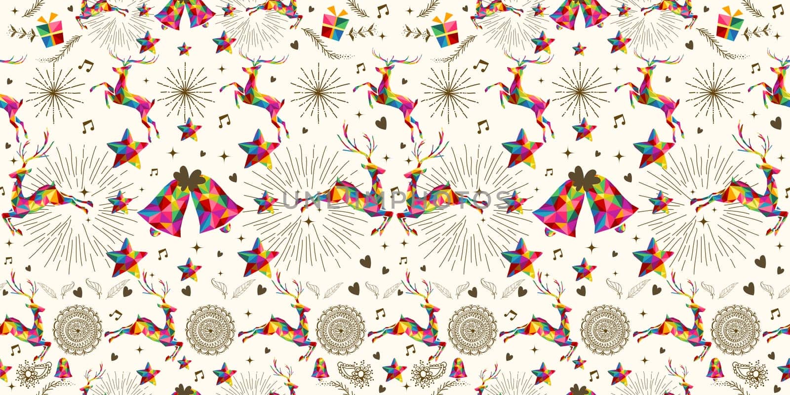 Christmas vintage retro style seamless pattern wrapping paper. Colorful triangles with grunge texture reindeer and snowflakes composition. EPS10 vector file organized in layers for easy editing.