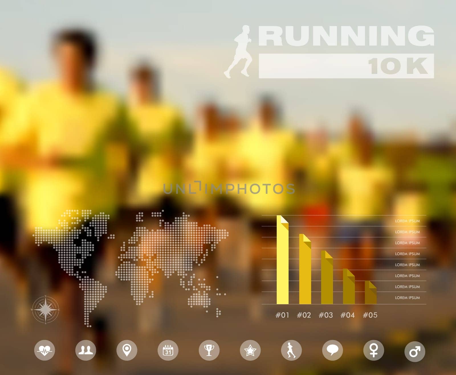 Runners on the race global infographic design blurred effect background. EPS10 vector file with transparency layers.