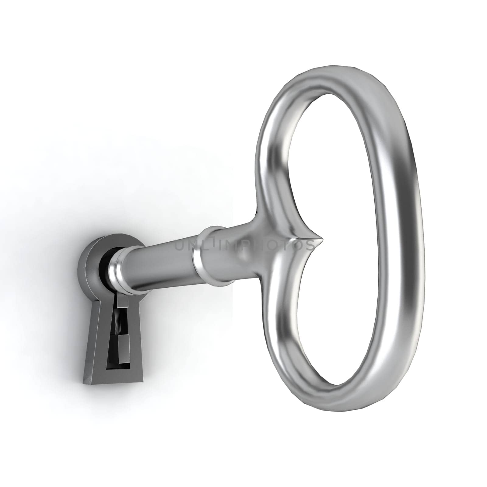 Key in a keyhole. 3d illustration on white background
