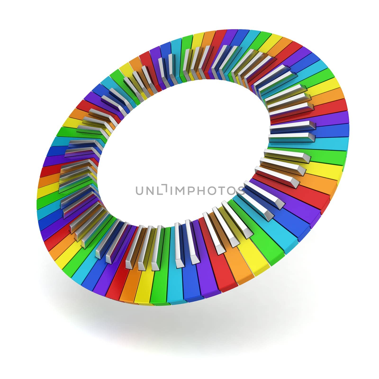 Rainbow coloured piano keyboard circle. Creativity concept. 3d illustration on white background