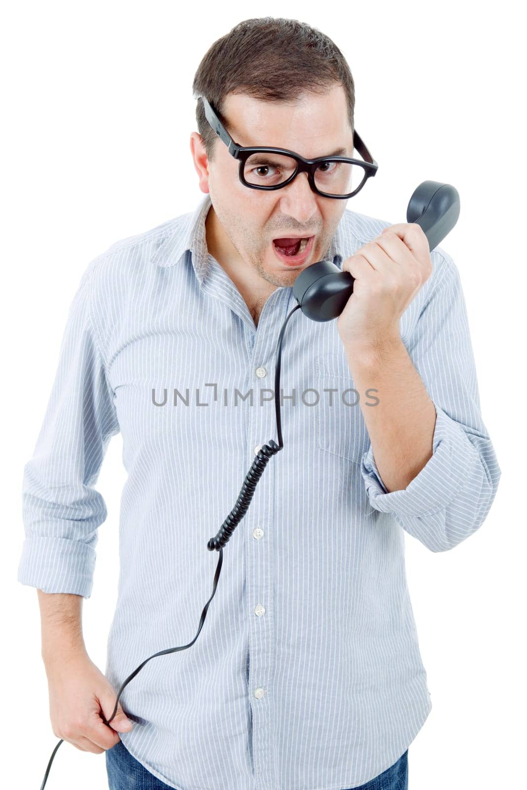 young man with a phone, isolated on white