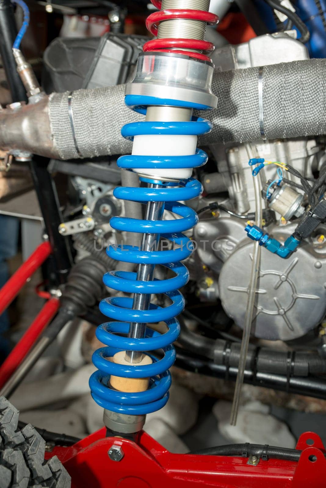 sports car shock absorber with a blue spring
