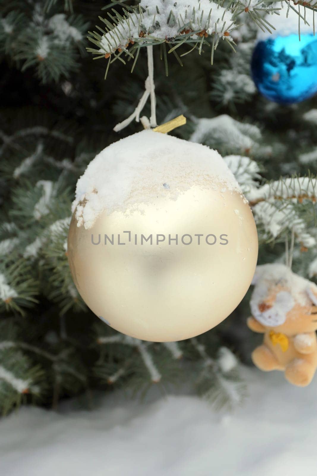 Green Christmas tree in the snow in Novospassky Monastery in Moscow