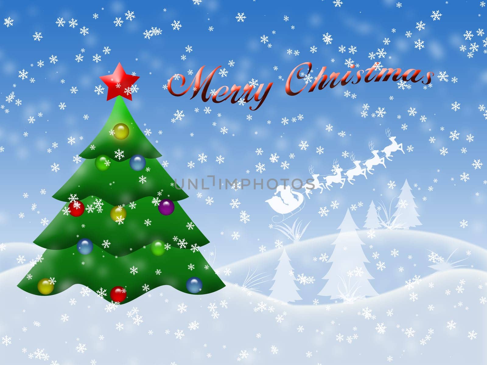 Christmas postcard with winter tree decorating