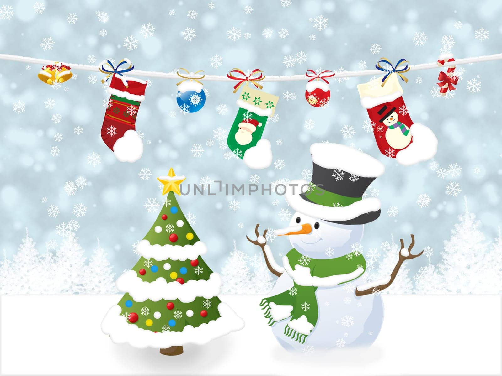 Christmas postcard with snowman and winter tree decorating