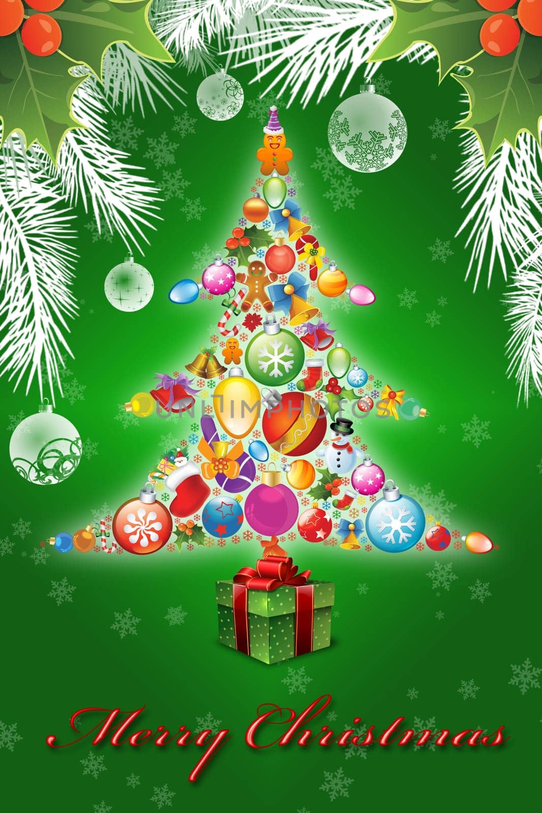 Christmas postcard with winter tree decorating