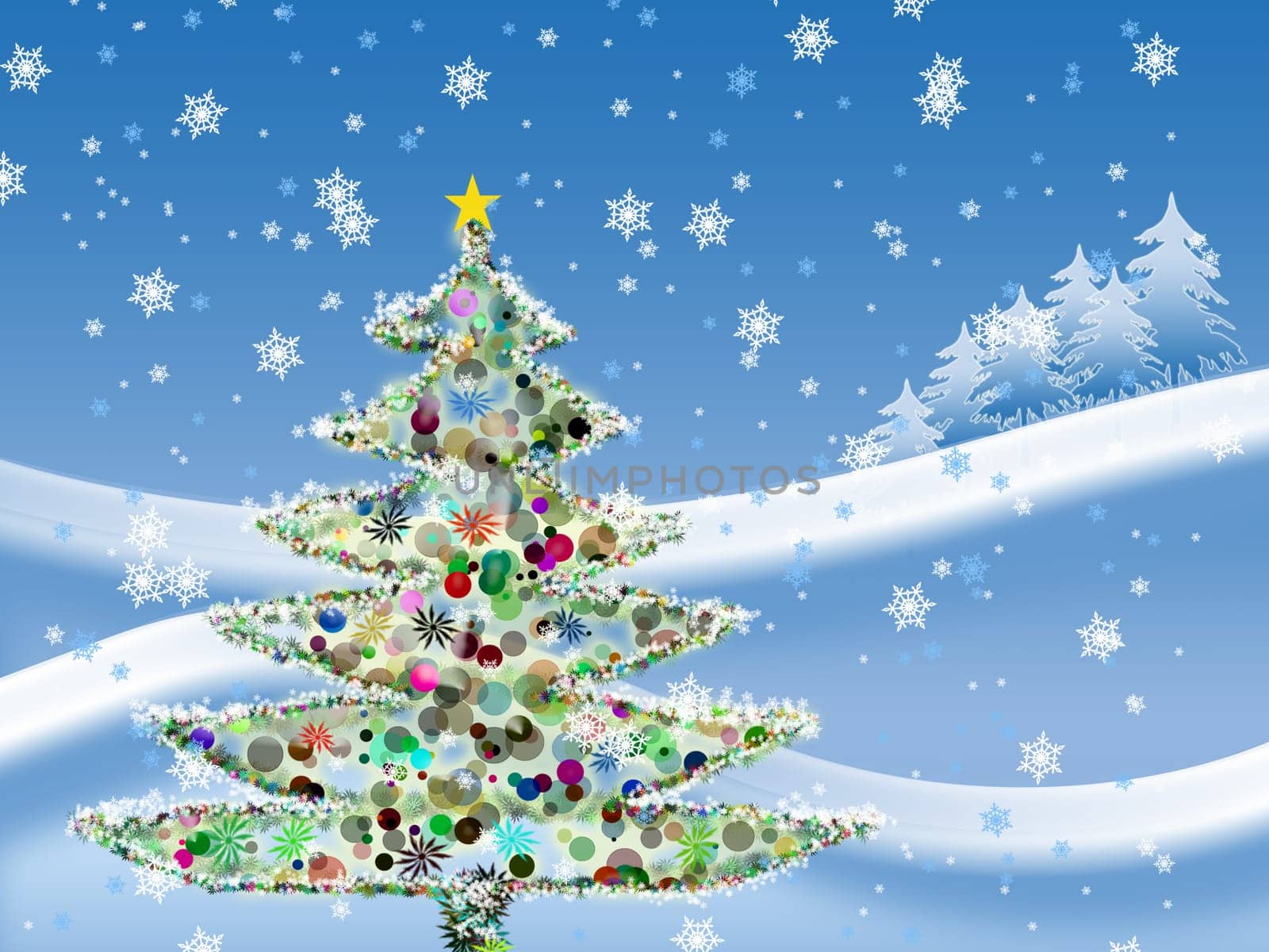 Christmas postcard with winter tree decorating