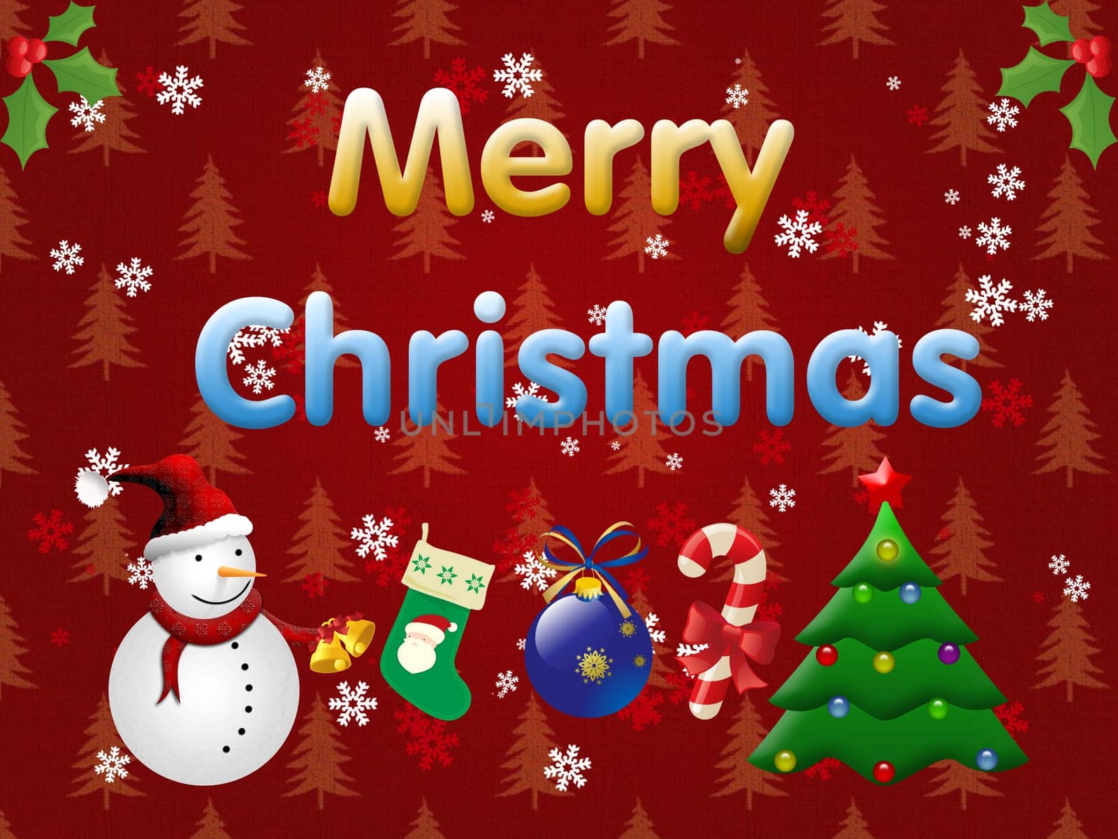 Merry Christmas illustration on the dark red background