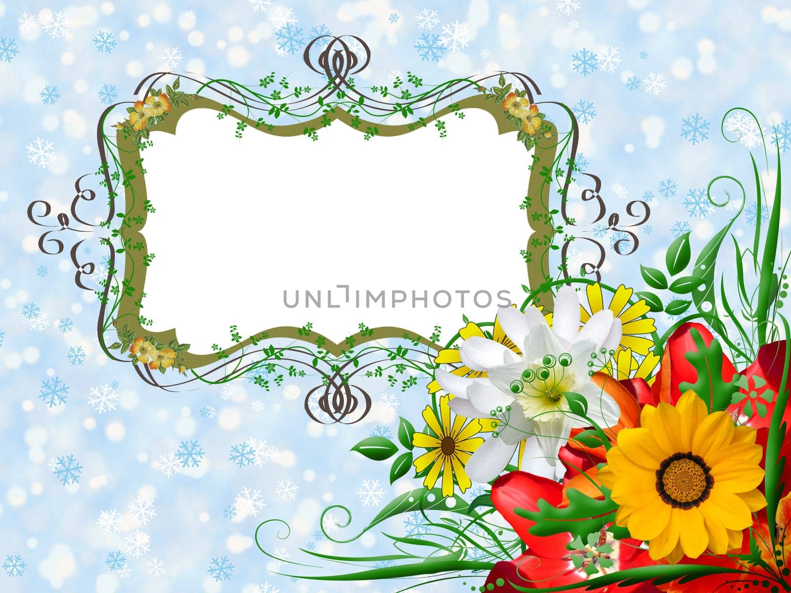 Card for the Winter holiday - christmas card with flowers on the snowy background