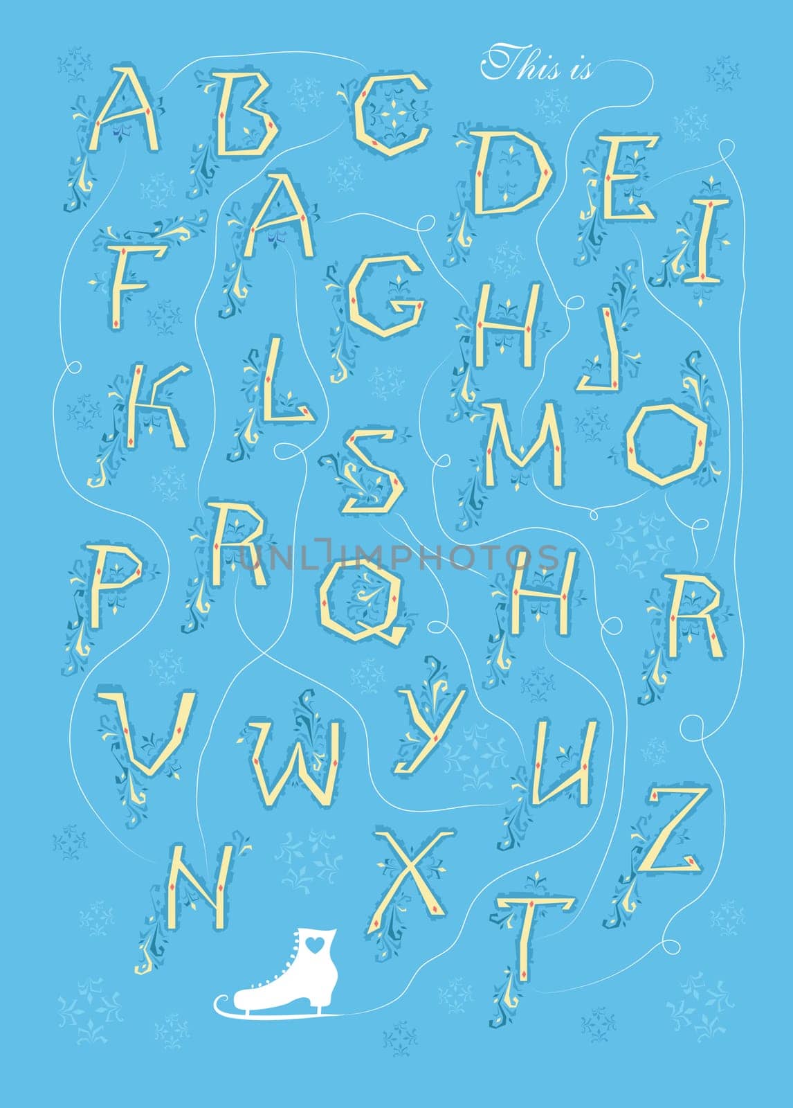 Artistic alphabet with encrypted romantic message This is more than a crush. Yellow letters with bluedecor. White skate is as the end of message. Illustration