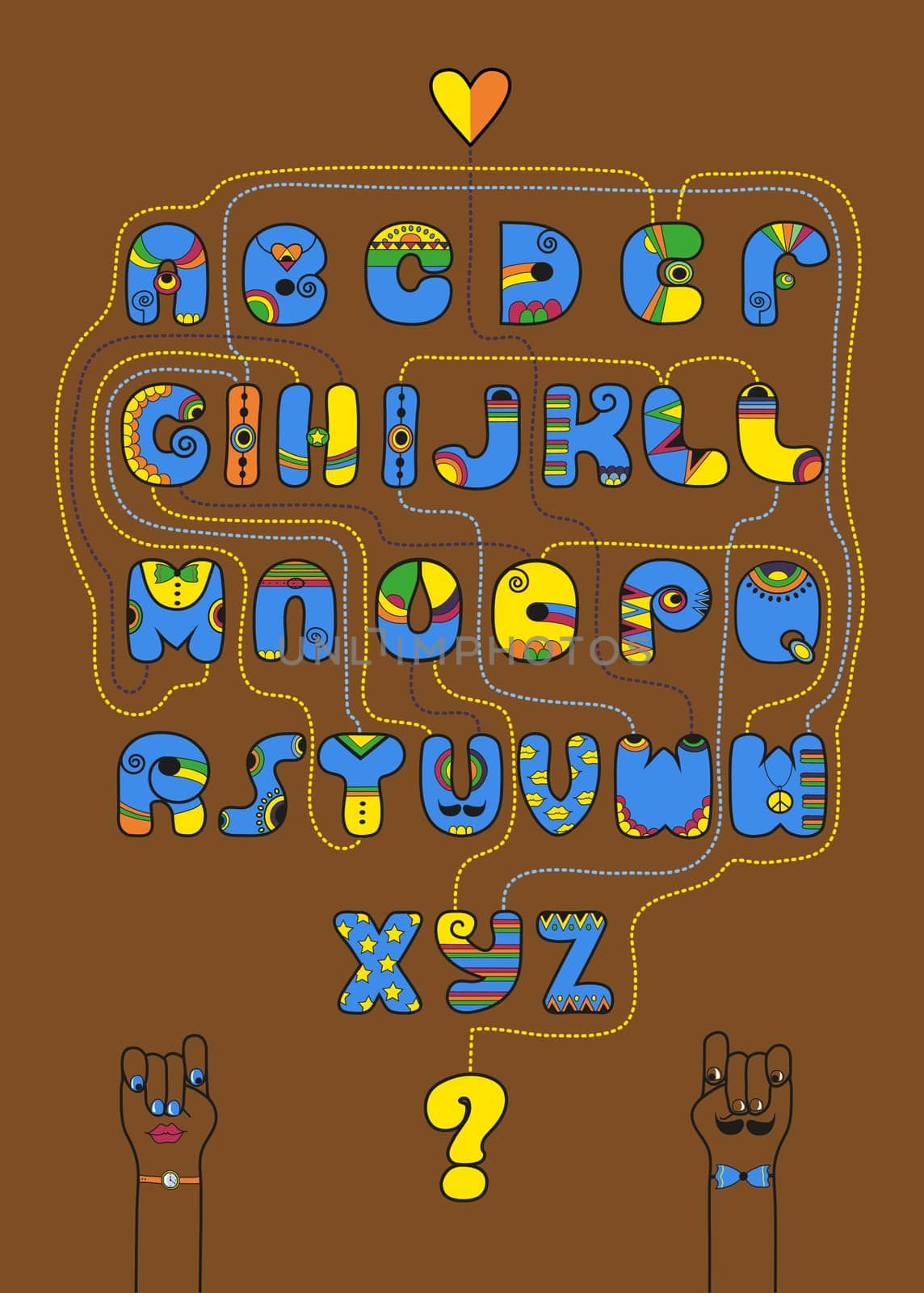 Artistic alphabet with encrypted romantic message We make a good team. Cartoon orange letters with bright decor. Funny hands looking at each other. Inscriptions - Decipher the message and Start here. Illustration