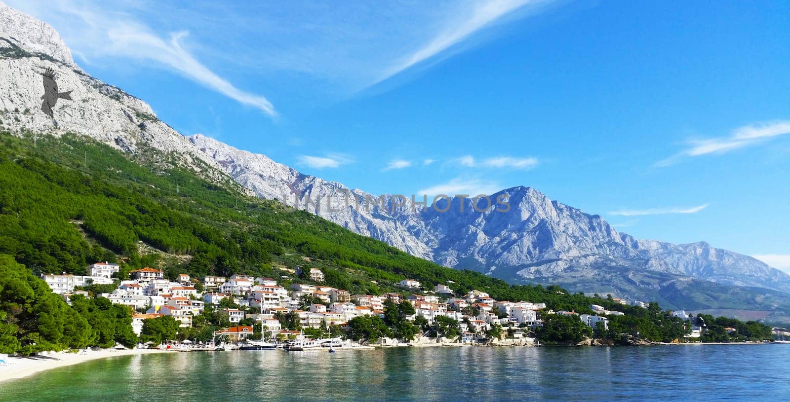 Sea view with shadow of a falcon on the mountain - Brela, Makarska Riviera, Croatia
