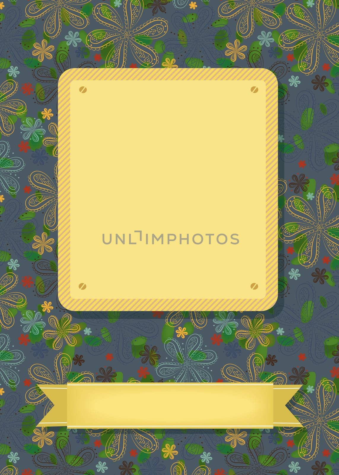 Floral greeting card. Colorful geometric flowers. Two yellow banners for custom text. Gray background