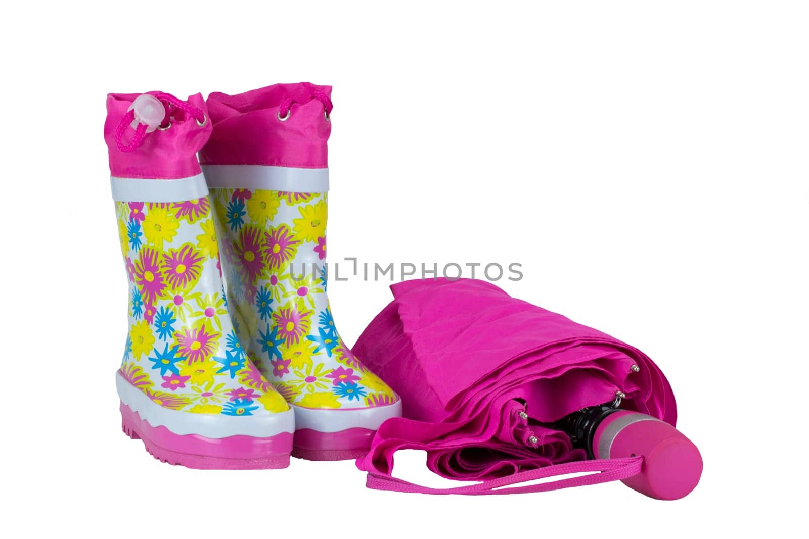 Rubber boots and umbrella pink. White isolated