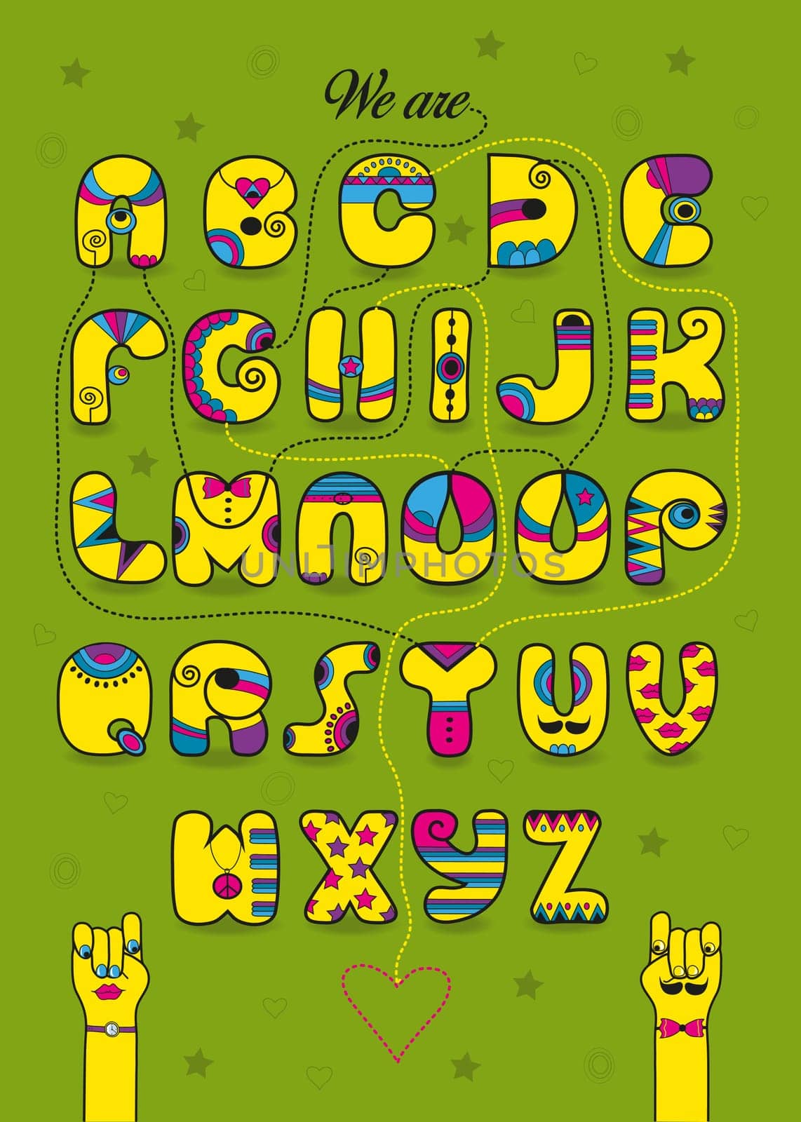 Artistic alphabet with encrypted romantic message We make a good team. Cartoon orange letters with bright decor. Funny hands looking at each other. Inscriptions - Decipher the message and Start here. Illustration