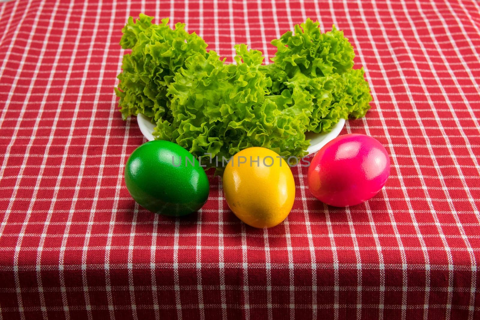 Easter eggs and fresh green salad on red white checkered tablecloth. Health concept.