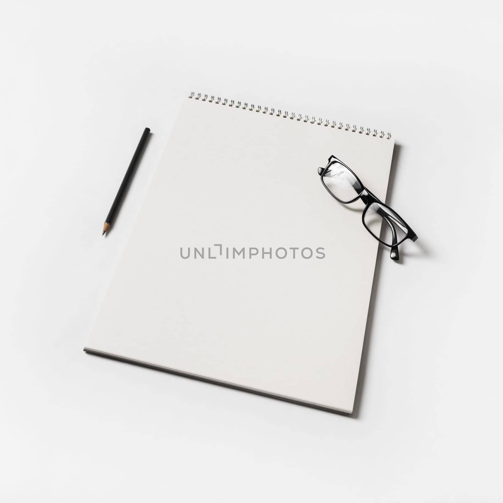 Album, glasses and pencil on white paper background. Blank sketchbook and stationery.