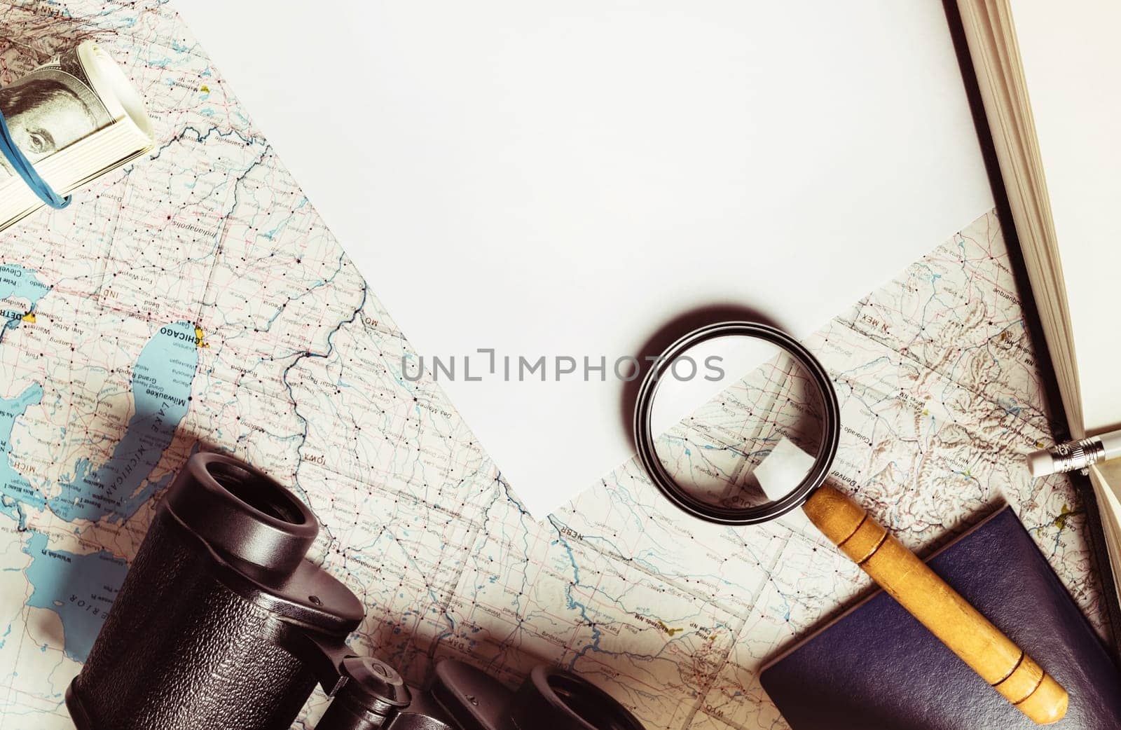 Travel stationery mockup. Overhead view of traveler accessories. Vintage toned image. Top view. Flat lay.