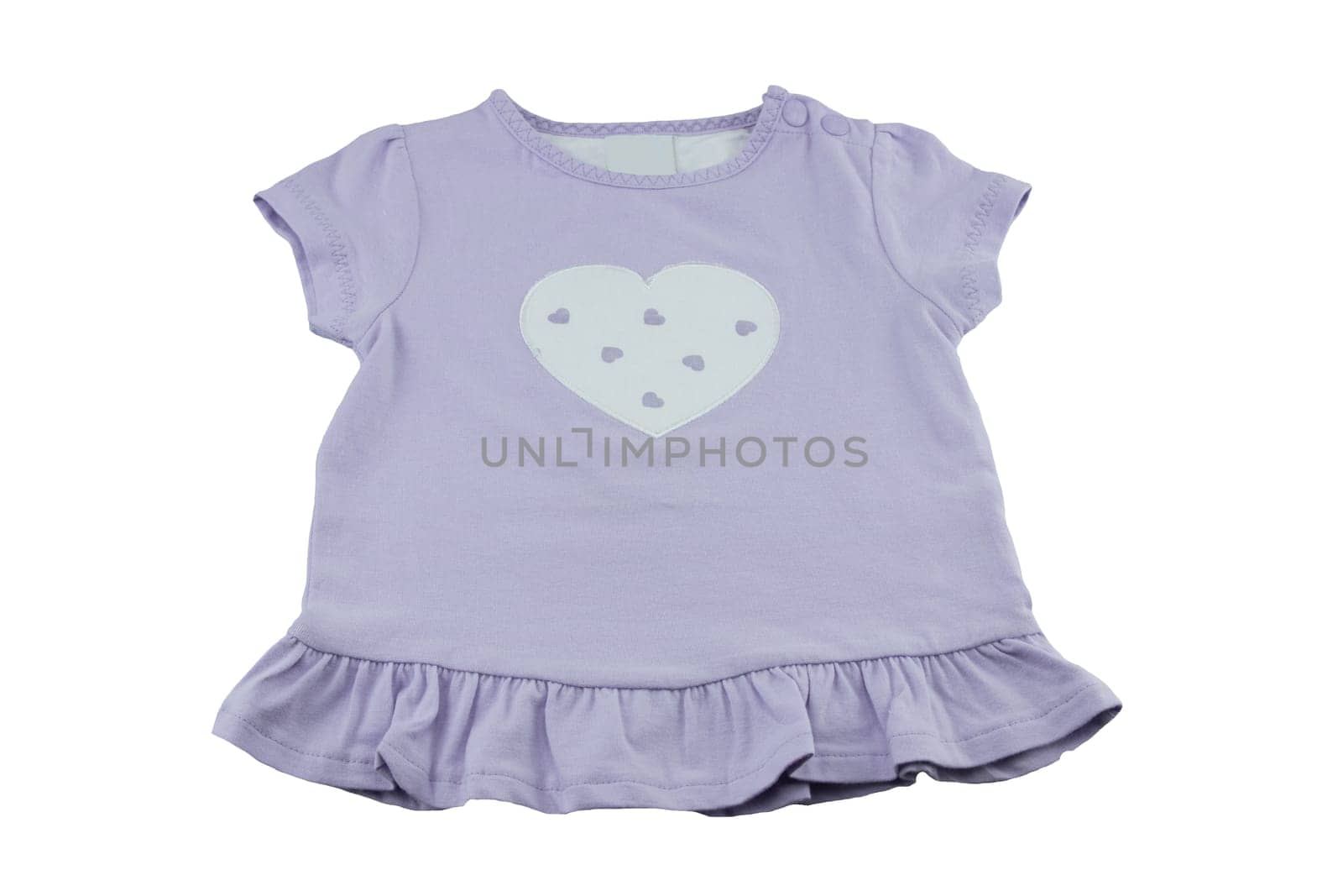 purple baby shirt or t-shirt with one big and some other hearts in it. concept baby fashion. isolated.