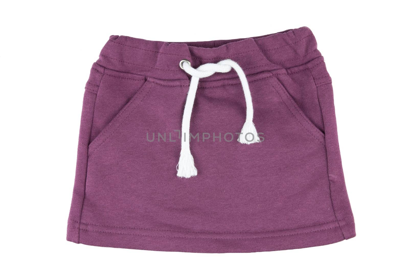 Baby purple skirt clothes with white linen twine. Concept baby fashion. Isolated on white.