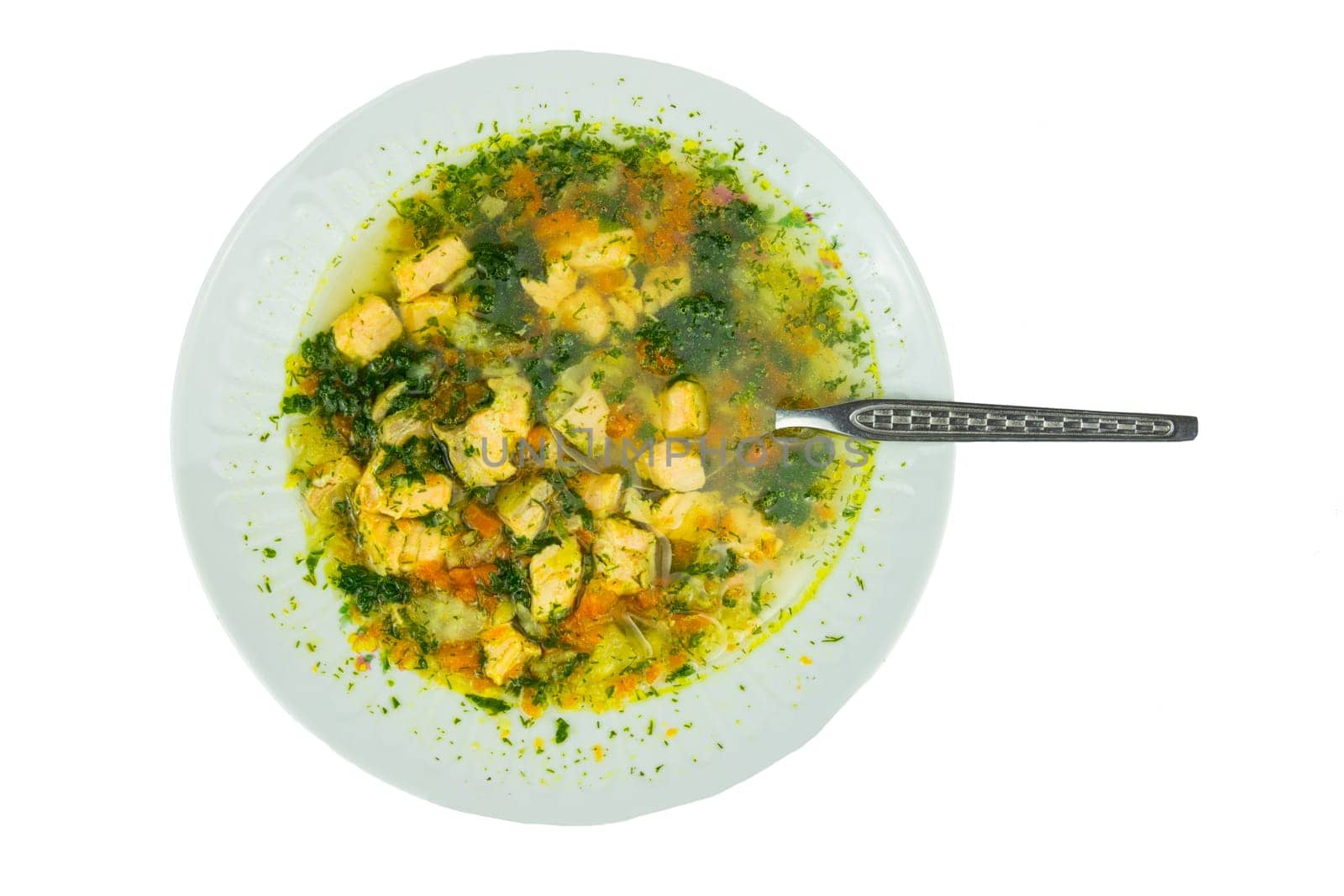 Healthy Fish soup salmon homemade with shrimps vegetable and potato. Health concept. Top view. Isolated.