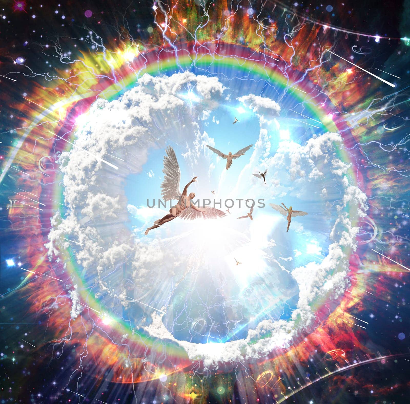 Vivid galaxy. Naked winged men represents angels. 3D rendering..