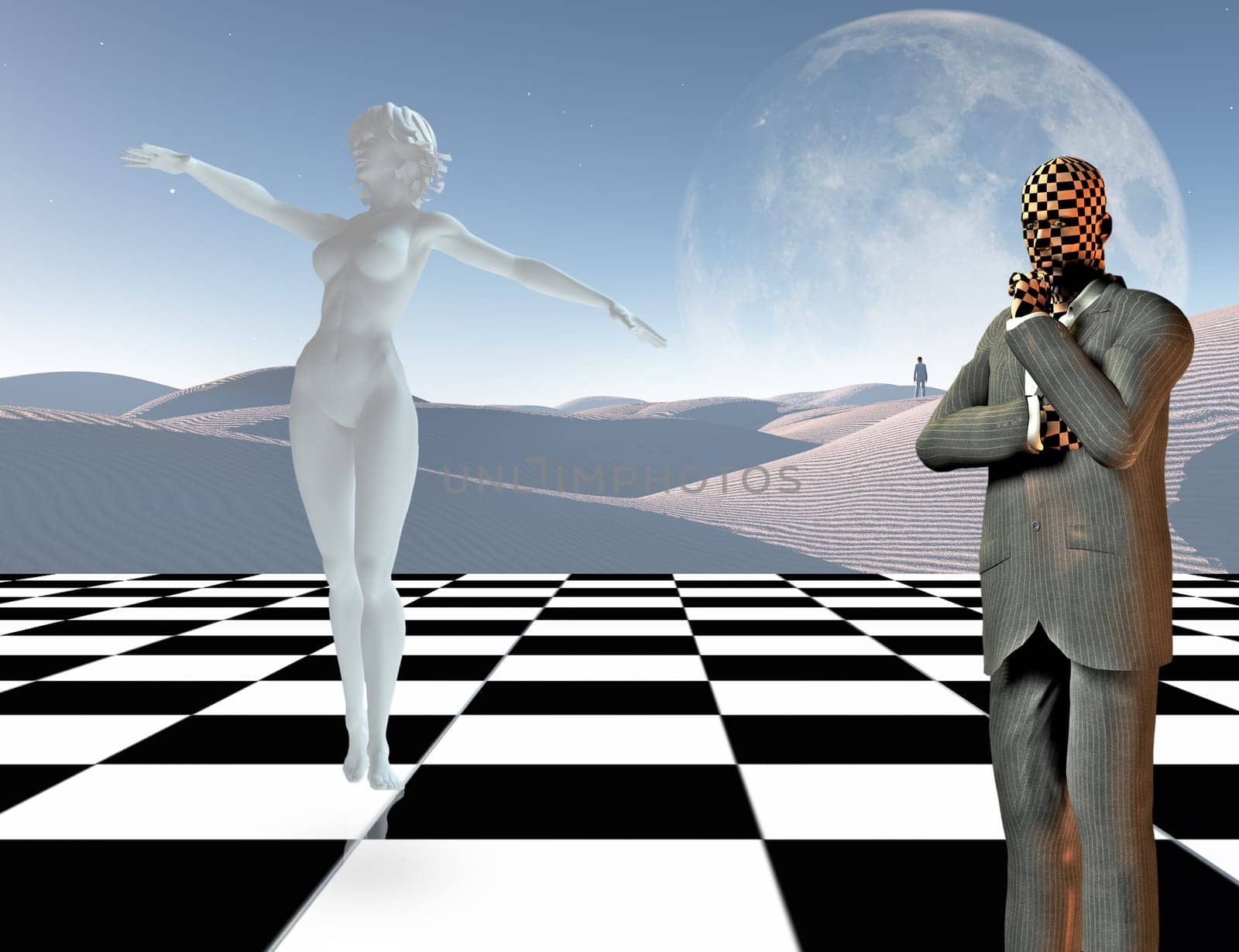 Surrealism. Businessman stands on chessboard. Woman's statue made of white stone. Lonely man in a distance. 3D rendering