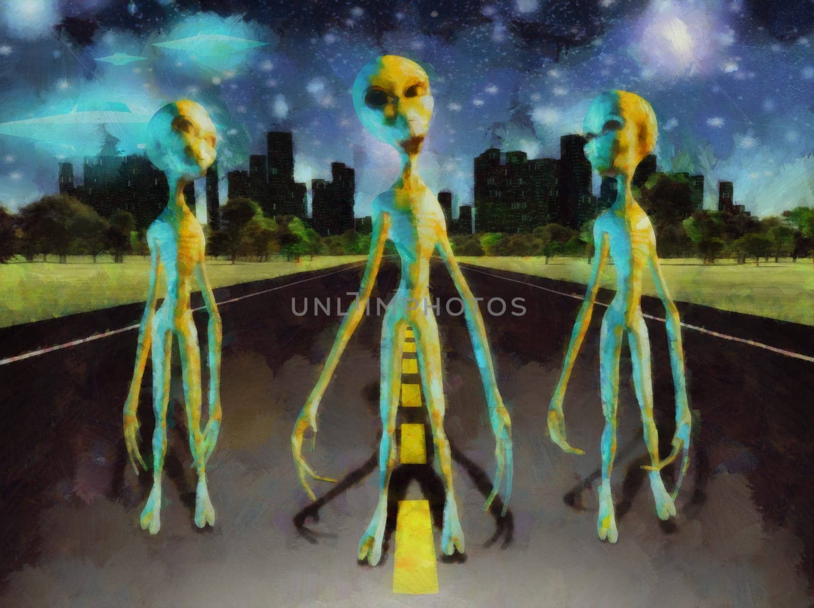 Fantastic painting. Three aliens stands on the road. City at the horizon