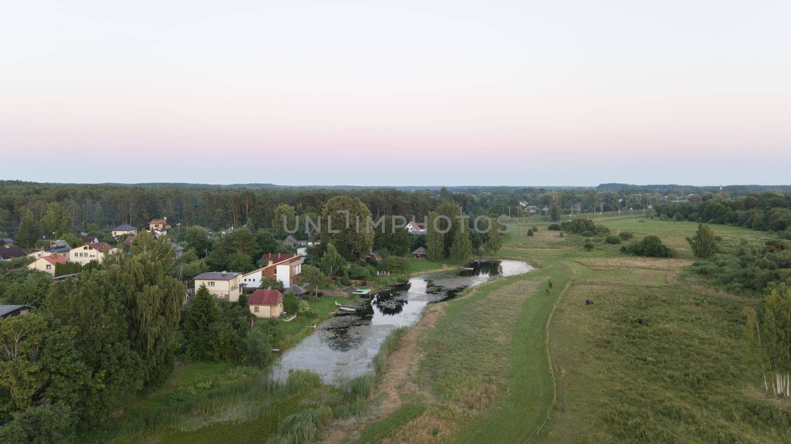 Aerial view of countryside Gauja lake field drone top view