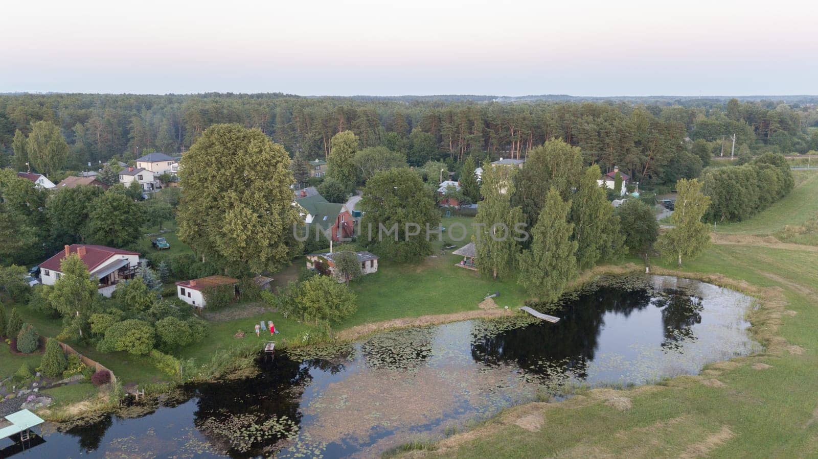 Aerial view of countryside Gauja lake field drone top view
