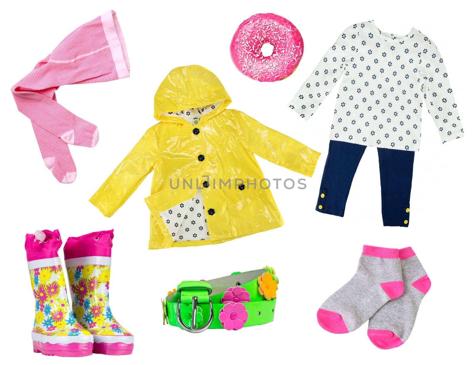 Little girl colorful fashion as clothes collage for Spring isolated on white. fashion set clothing for summer and spring.