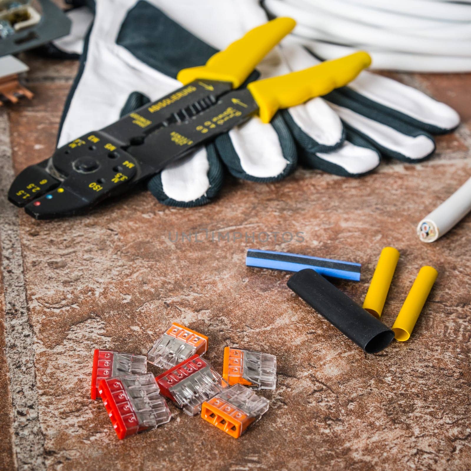 Tools for electricians crimpers and accessories, close-up